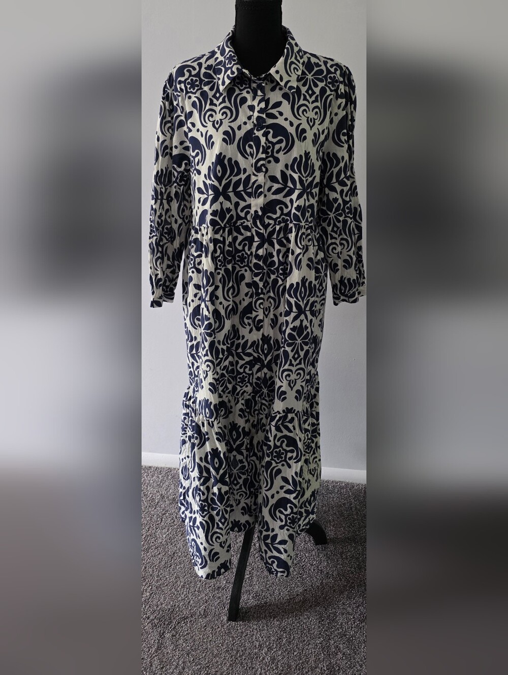Zara White and Navy Blue Printed Long Shirt Dress
